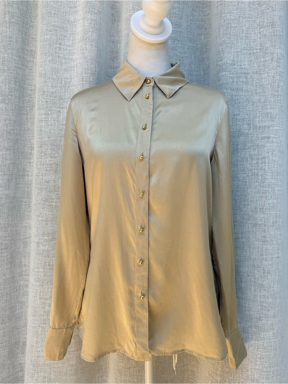 Ravella gold tan button down smooth satin silk blouse  shirt